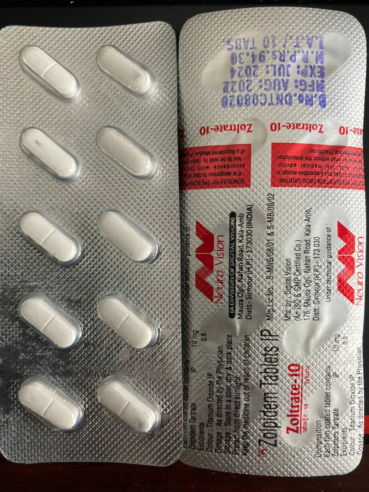 Zoltrate (1) Zoltrate (Zolpidem Tartrate) 10mg I.P. by NeuroVision Pharma India x 90 Blistered Tablets (Shipped USA to USA) - Image 1